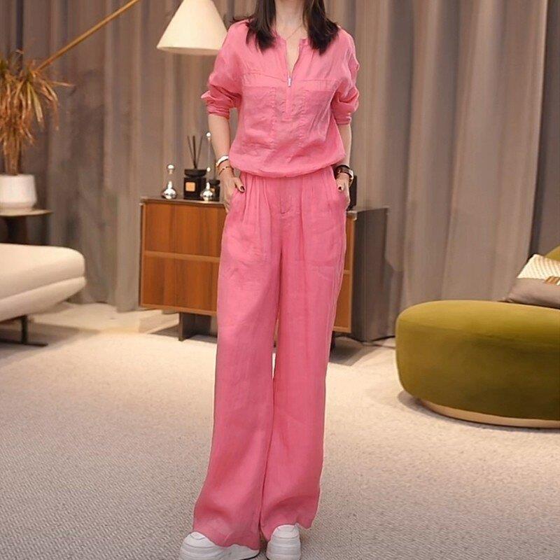 香港苎麻衬衫套装女春夏季款洋气休闲宽松棉麻上衣阔腿裤两件套女