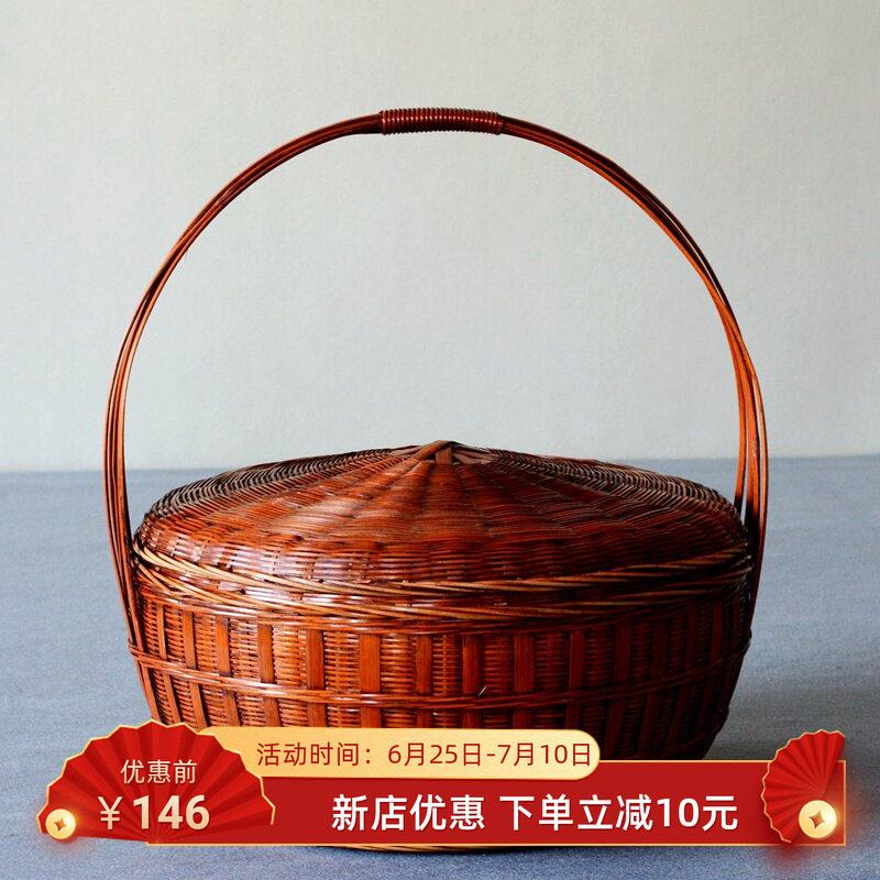 复古色拜神篮竹编提篮带盖子特大号手提竹篮家用竹制品收纳竹箩筐