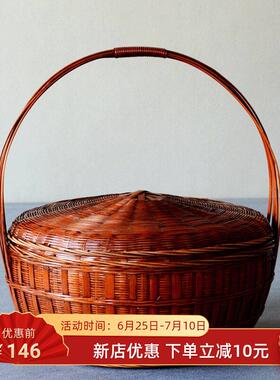复古色拜神篮竹编提篮带盖子特大号手提竹篮家用竹制品收纳竹箩筐