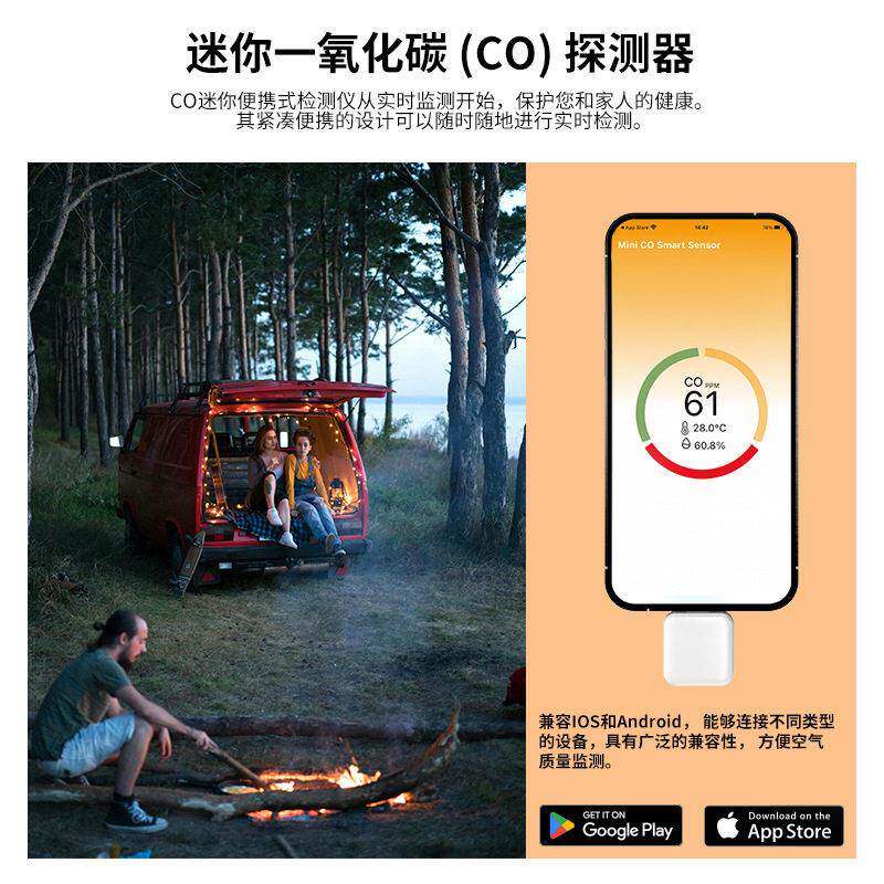 跨境多功能便携式迷你MINI一氧化碳检测仪户外露营CO温湿度探测器