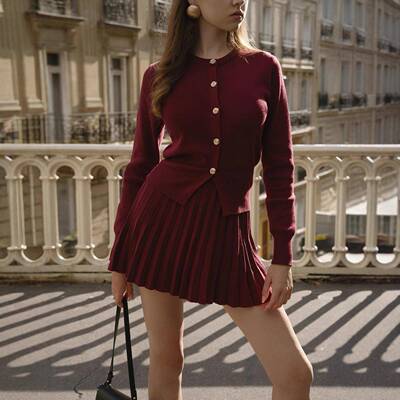 早春女装针织开衫+百褶裙两件套跨境法式气质毛衣上衣短裙套装