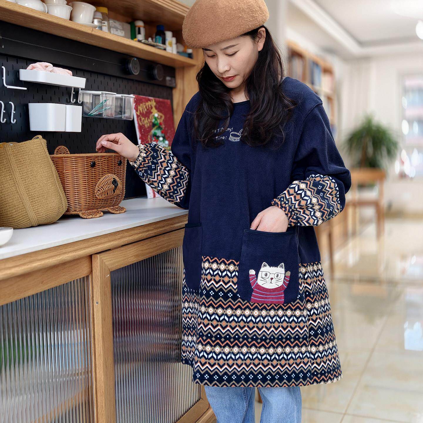 秋冬保暖毛绒抓绒可爱卡通罩衣反穿衣防污厨房室外咖啡店长袖围裙