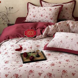 婚庆纯棉长绒棉红色四件套花卉提花被套柔软全棉婚嫁结婚床上用品