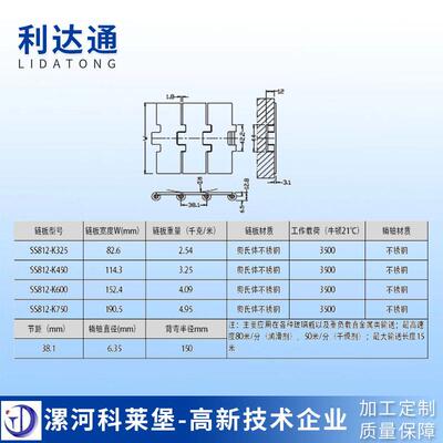 输送链板配件812K450系列304/201不锈钢材质单铰直输链板