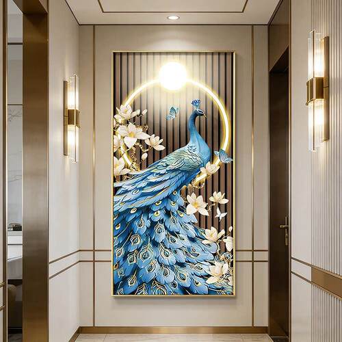 灯光烤瓷镶钻新中式装饰画孔雀玄关挂画定制铝合金边框LED灯画