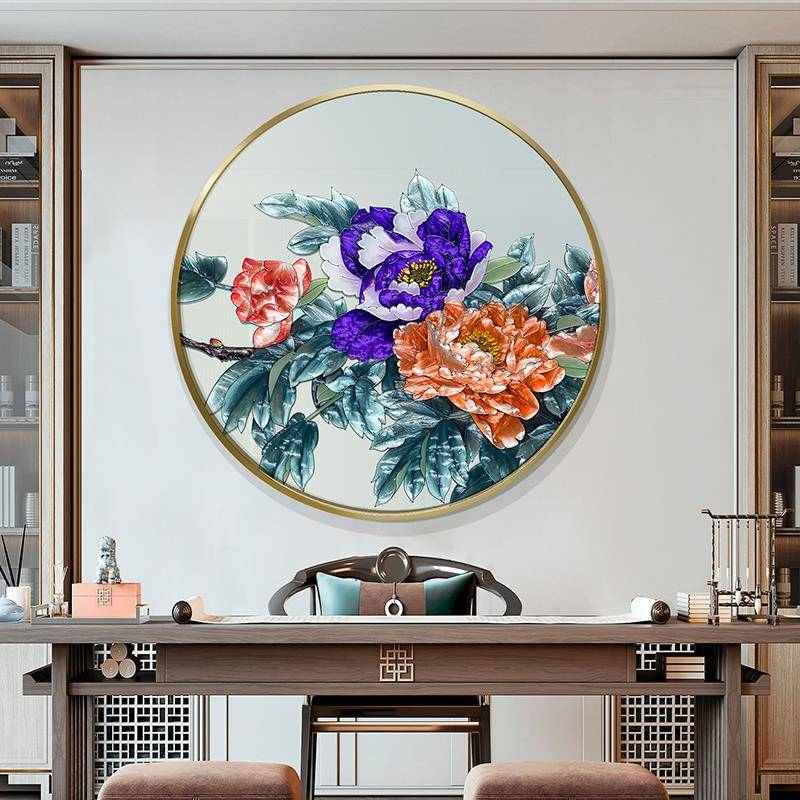 牡丹珐琅彩装饰画圆形玄关挂画新中式客厅背景墙壁画高端手绘餐厅图片