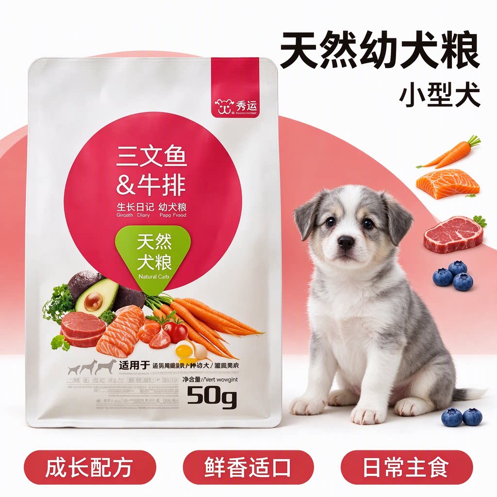 秀运狗粮三文鱼牛排幼犬粮50g小型犬天然犬粮成长配方小颗粒主食