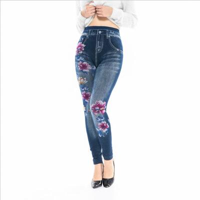 Three color floral cotton imitation denim leggings for