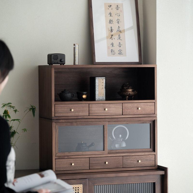 浮霞木坊黑胡桃木全实木家居收纳柜茶空间带抽屉推拉门日式小柜子
