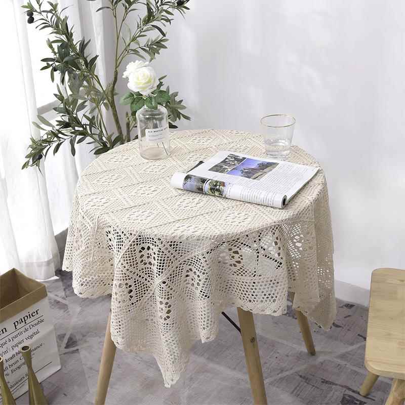 美式复古编织桌布桌巾镂空蕾丝圆桌布长方形拍照手工钩花盖巾茶几