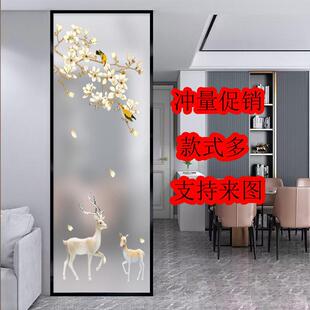 钢化艺术玻璃屏风隔断装 饰客厅玄关柜过道双面透光彩绘磨砂发财鹿