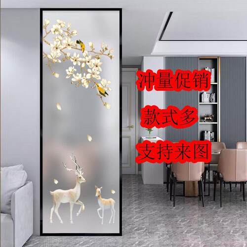 钢化艺术玻璃屏风隔断装饰客厅玄关柜过道双面透光彩绘磨砂发财鹿