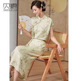 贝源中国风真丝套装女2024薄荷绿无袖，上衣桑蚕丝半身裙两件套