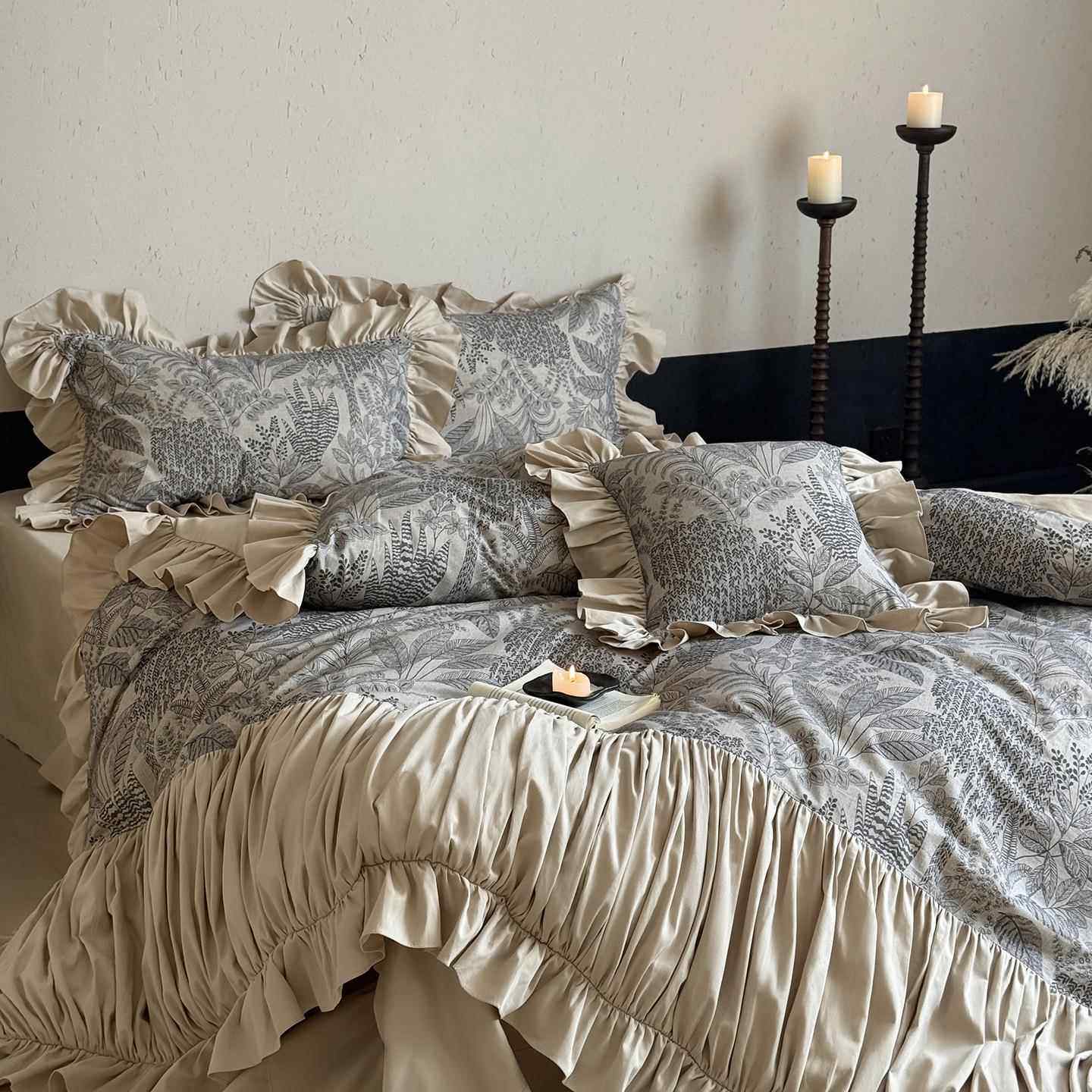 复古风棉麻四件套公主风褶皱花边花卉印花磨毛被套床单床笠款