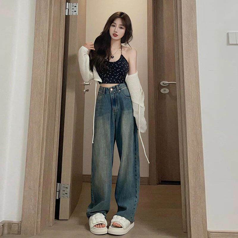 洗水做旧牛仔裤女高腰阔腿直筒宽松休闲显瘦复古胖mm遮胯拖地裤子