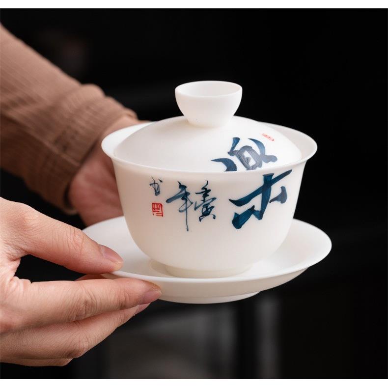 素烧羊脂白玉瓷单个三才盖碗陶瓷手工大号泡茶器家用功夫茶杯茶碗