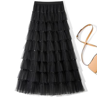 Womens elastic waist layered sequin cake mesh skirt