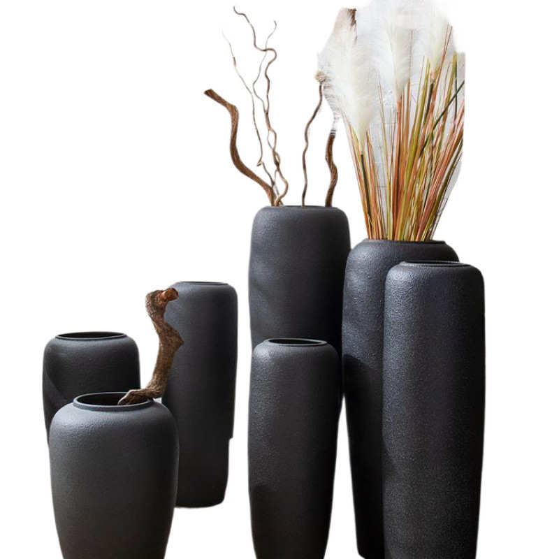 景德镇落地花瓶黑色粗陶罐酒店名宿客厅摆件高颜值现代简约装饰品