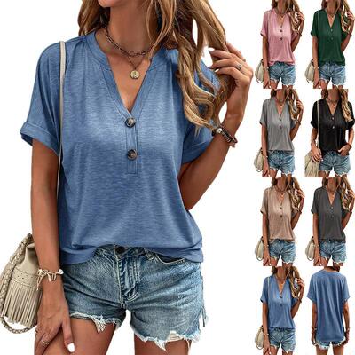 Women'S Short Sleeve Henley Tops V Neck Summer Casual Loose