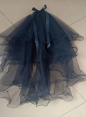 复古黑色双层发光蝴蝶结头纱写真拍照头饰新娘头纱万圣节造型道具