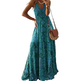 V-neck strappy boho print dress夏季V领吊带波西米亚印花连衣裙