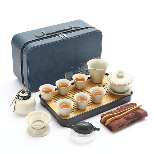 高档便外汝窑旅行功夫茶茶具小套装户携收纳包简约茶盘陶瓷泡壶茶