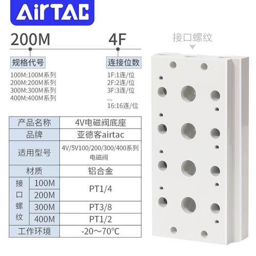 亚德客4V410电磁阀底座阀板 汇流板400M-2F/3F/4F/5F/6F/7F/8F/9F