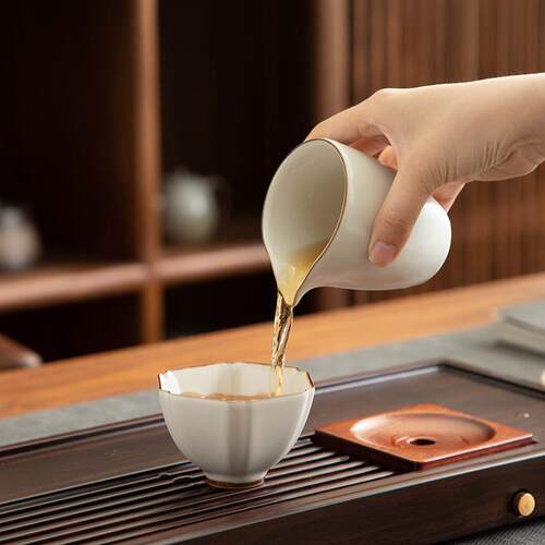 德化陶瓷单茶杯满110ml半哑光精工汝窑米黄色六方主人大容量品茗