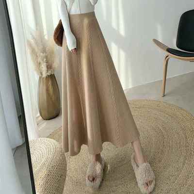 韩版2025年秋冬新款裙子高腰a字大摆伞裙中长款针织毛线半身裙女