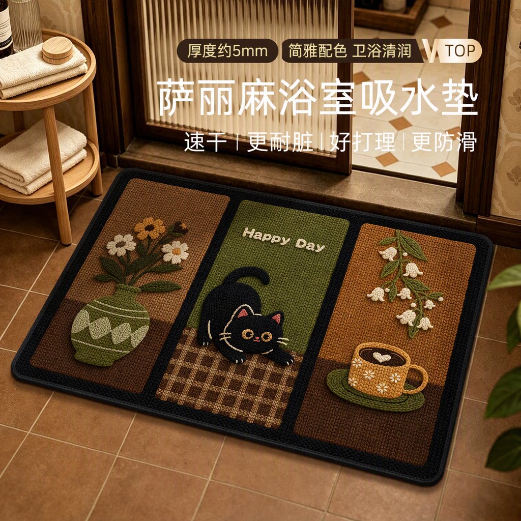 卡通亚麻编织浴室防滑地垫子地毯