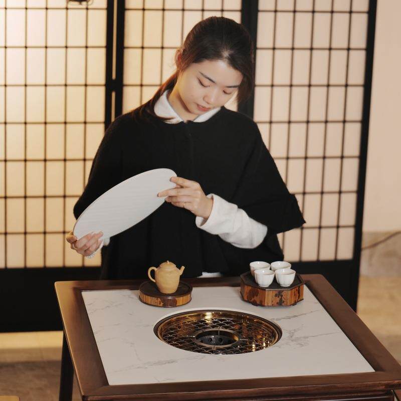 北美樱桃木奢石岩板围炉煮茶炭炉炭桌烤火炉火盆户外取暖碳炉茶桌