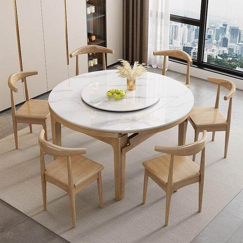 岩板餐桌椅组合现代简约小户型家用轻奢北欧实木伸缩方圆两用饭桌