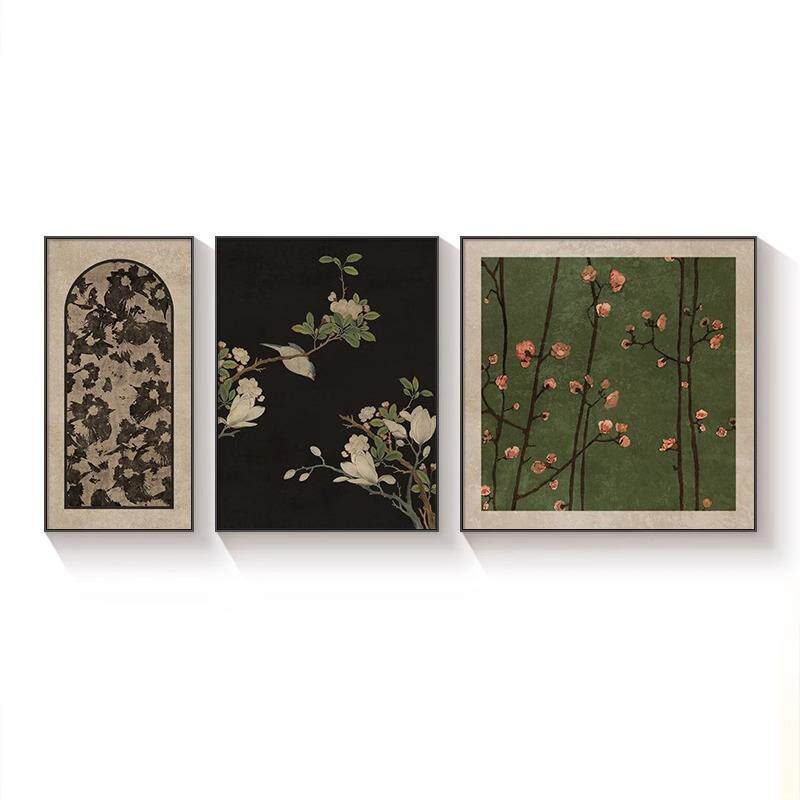 复古艺术客厅画中古风装饰画三联组合沙发后背景墙挂画花卉风景画