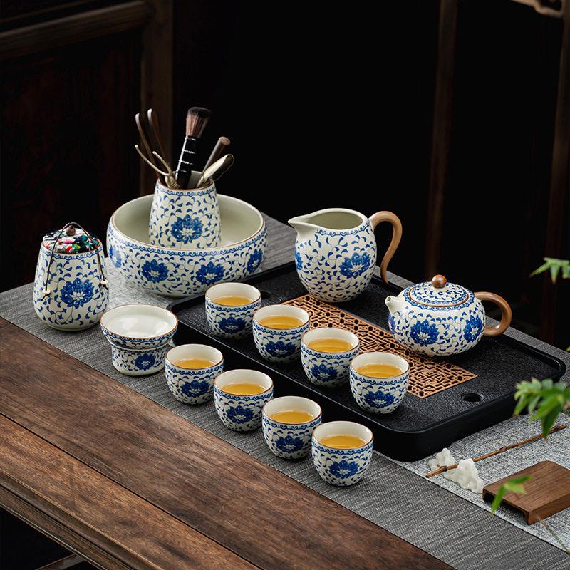新款青花汝窑功夫茶具套装家用茶壶茶杯盖碗套装中式轻奢陶瓷2024