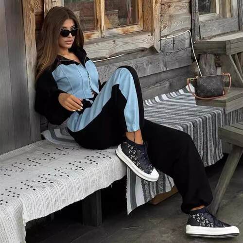 Pants Hoodie Fashion Casual Denim Patchwork Daily Set
