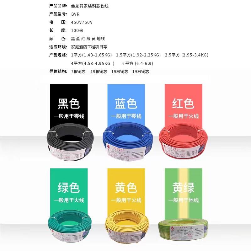 金龙羽电线电缆 BVR1.5/2.5/4/6平方家装国标铜芯线单芯多股软线