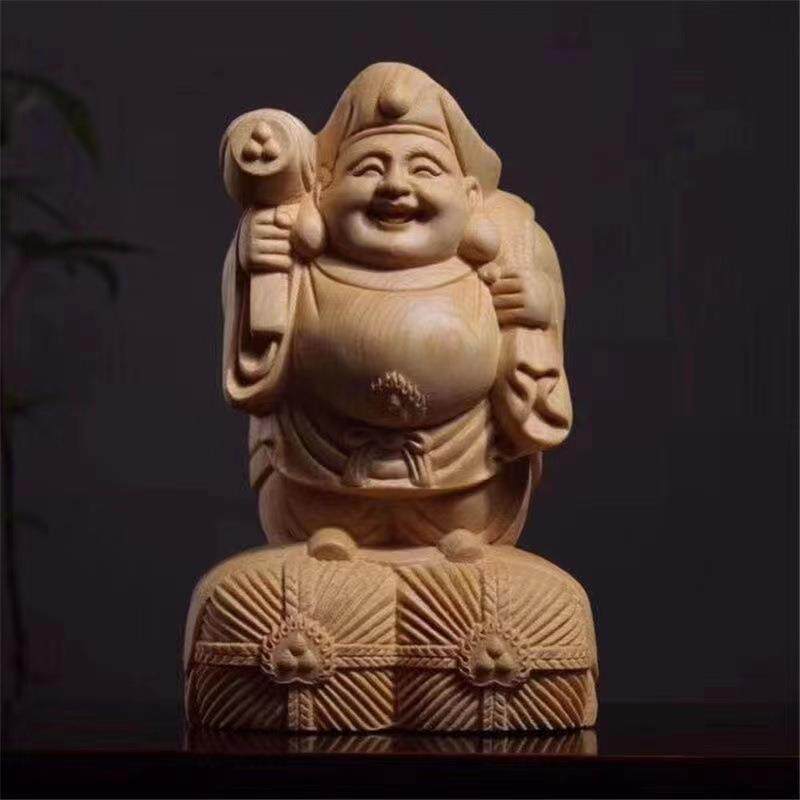 桧木雕刻大黑天门护法七福木质工艺品像木雕摆件