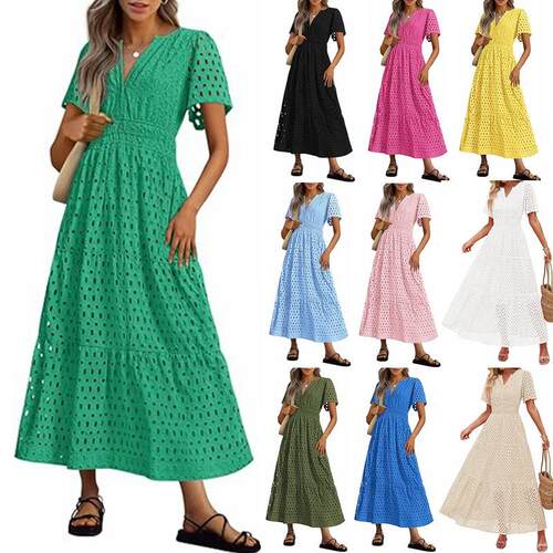 Women’S V-Neck Maxi Dress | Eyelet Long Dress | Flowy A-Lin