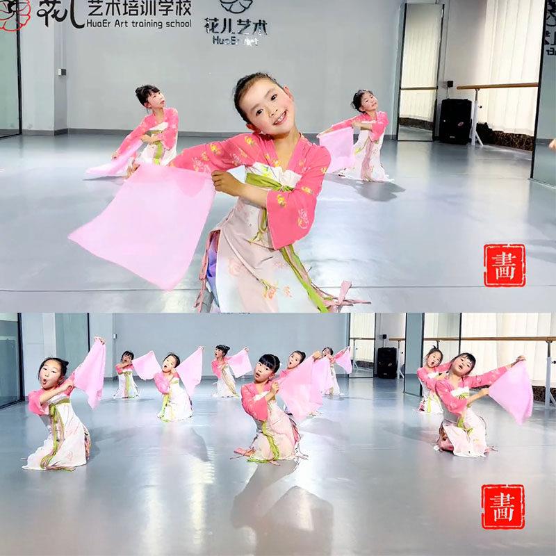 儿童古典舞蹈画演出服桃花笑春三月采莲女童飘逸齐胸襦裙身韵纱衣