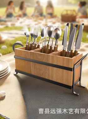 复古木风餐具质收纳村盒乡风格餐具叉整理盒012001刀勺子多格分类