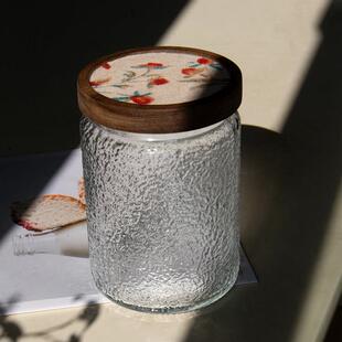 覆古殷桃花布头盖密封罐高颜值茶叶罐食品储物罐子中古波纹玻璃罐