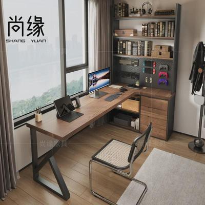 实木转角书桌书柜书架一体 书房拐角双人办公桌用靠墙l型电脑桌