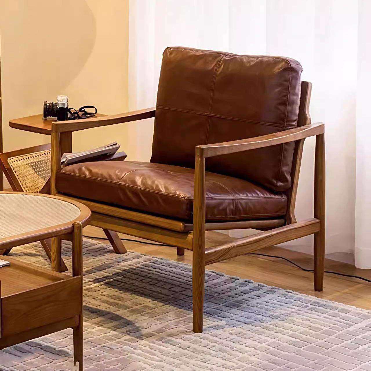 实木单人沙发椅卧室北欧复古风扶手椅客厅休闲懒人椅中古汉克椅子