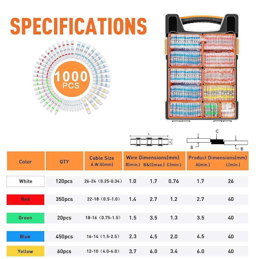 跨境1000PCS盒装 26-10AWG焊锡环密封热缩接线端子防水连接器