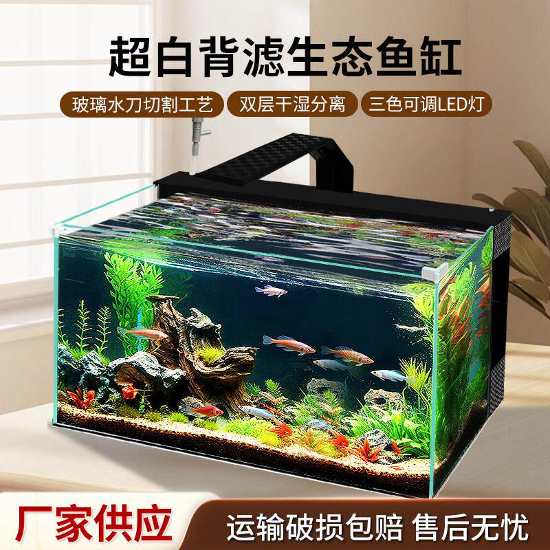 2025新款金晶超白玻璃2代背滤鱼缸客厅桌面静音过滤生态水族箱