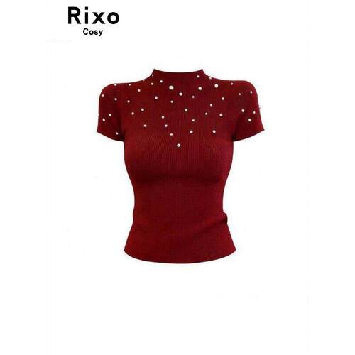 Rixo Cosy复古高级轻奢短袖T恤女春夏时尚红色设计感修身显瘦上衣