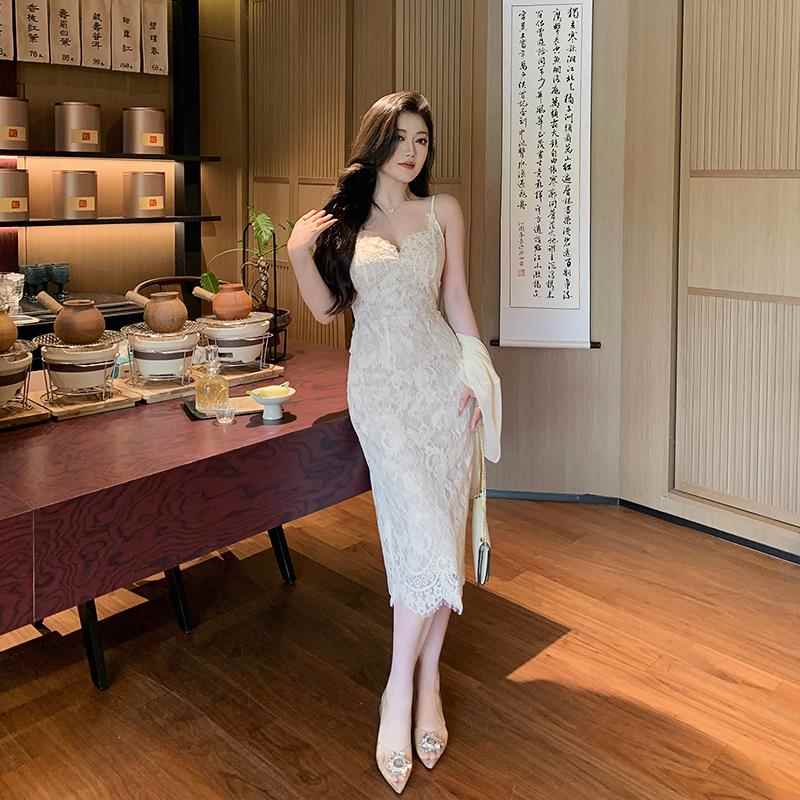 林关关白色蕾丝吊带裙连衣裙女长裙生日裙包臀裙法式名媛千金裙子