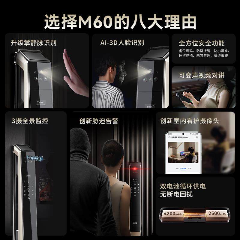 吉猫临全自动智能门锁家用带监控远程可视人脸识别电子指纹密码锁