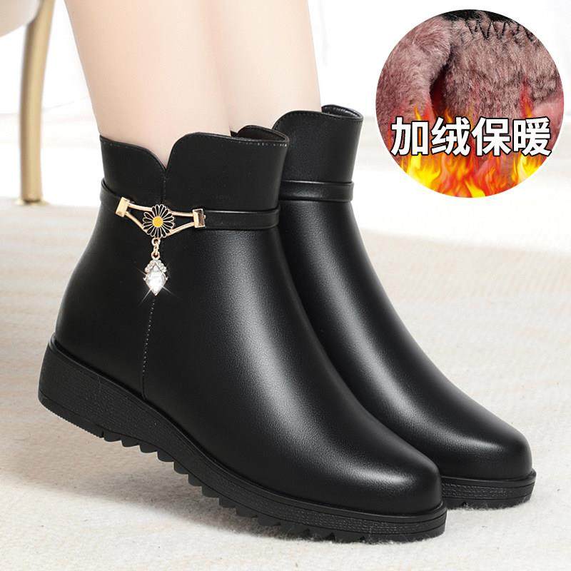 高档妈妈鞋子单靴子真中皮软底新款中皮鞋跟喜婆婆加绒女中老年短