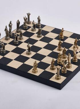 欧式轻奢皮革铜国际象棋摆件棋盘样板间客厅茶几桌面创意软装饰品